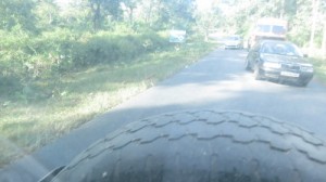 Vehicles waiting for elephants, including the tanker (see our previous post).