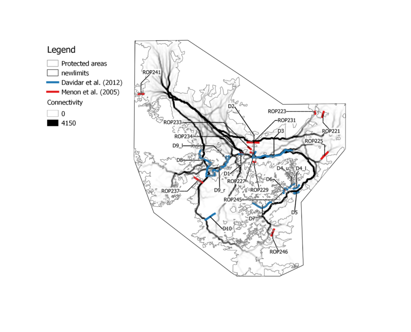 Map of the elephant corridors in the Nilgiri Biosphere Reserve according to Puyravaud et al. (2016).